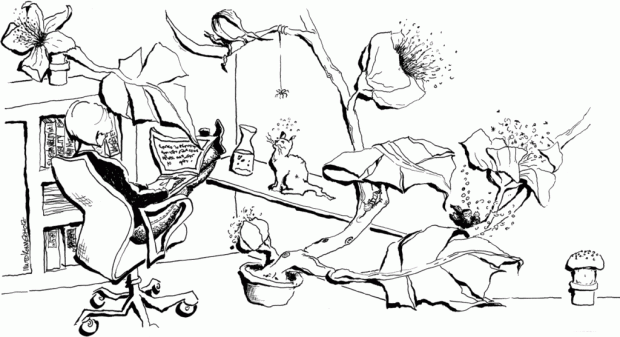 Zeichnung schwaz-weiß: Frau, Katze, Pflanze