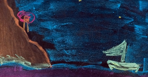 Foto einer Kreidezeichnung Schiff bei Nacht